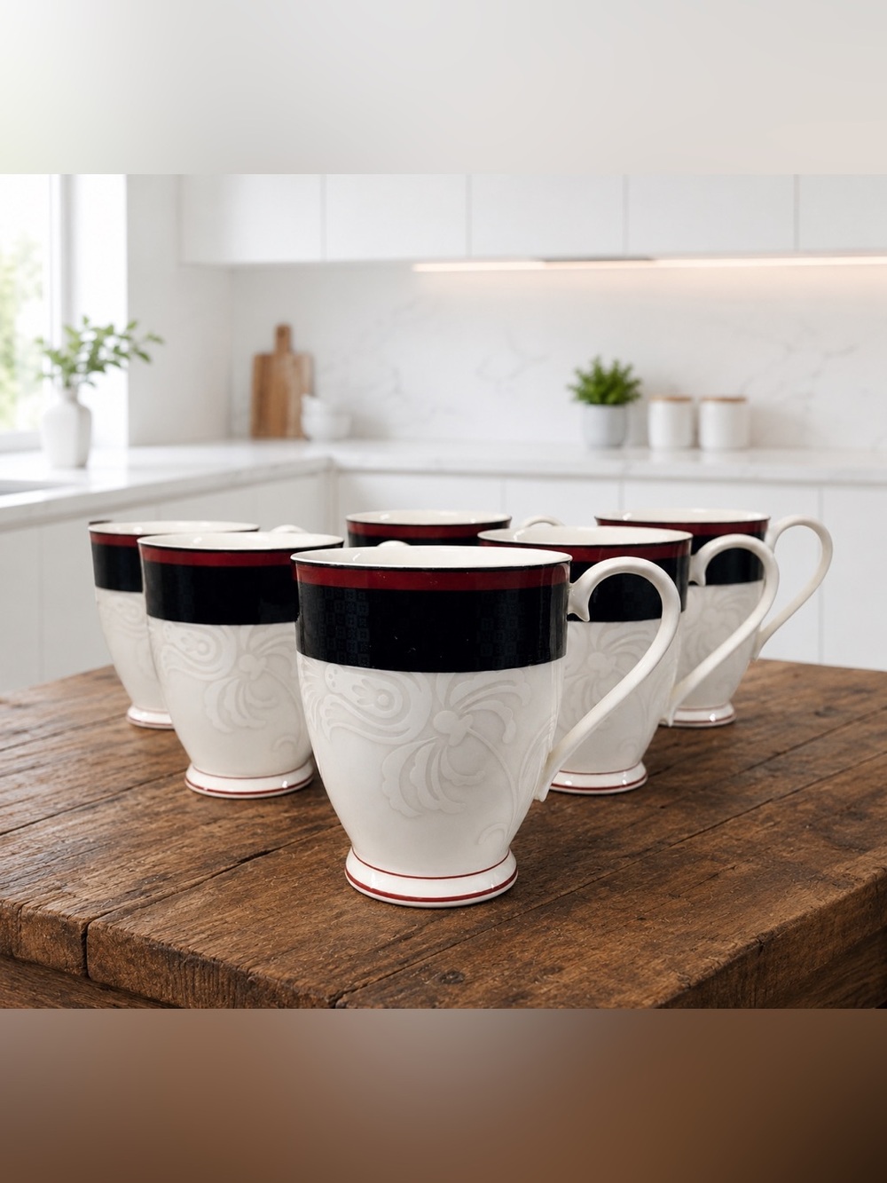 Noritake Jive Set of 6 Bone China Coffee Mugs Black Red Embossed